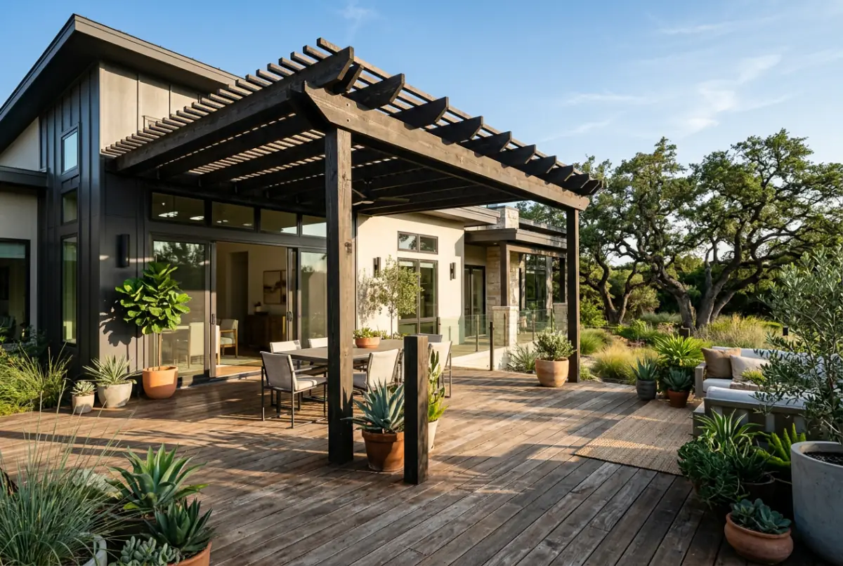 Dark stained pergola over a wide wood deck beside a modern Texas home