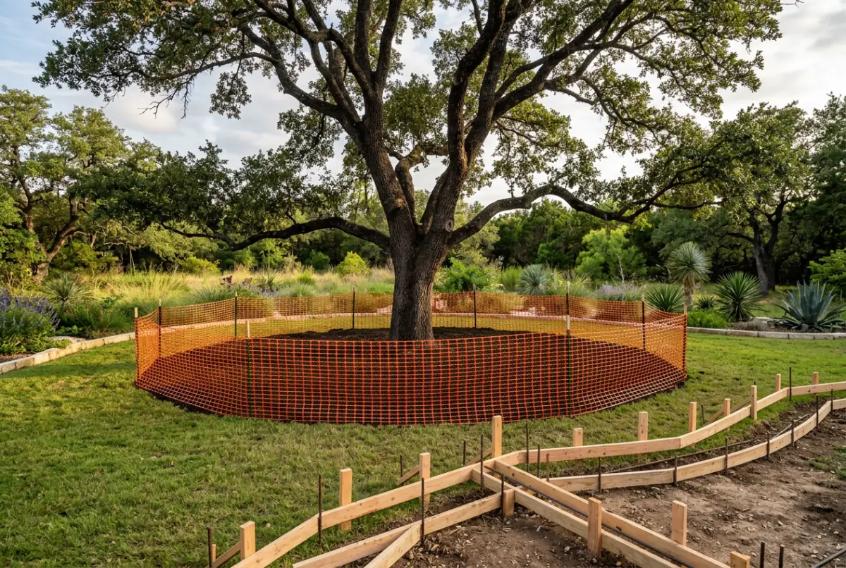 Orange safety fence around a live oak root zone with wood stakes marking a deck layout